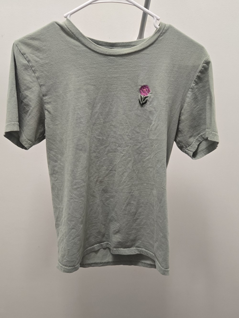 Starbucks Sage Green Short Sleeve Tee with Pink Flower Embroidery
